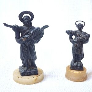 Vintage Metal Saint Pancrazio Statues Catholic with Alabaster Bases